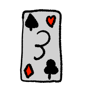 black outlines, a card with a black spade in the top left corner, red heart in the top right, red diamond in the bottom left, black club in the bottom right and a black 3 in the middle